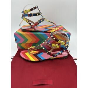 Valentino Rockstud T-Strap Thong Gladiator Sandal Rainbow Stripes Size 38 / 8